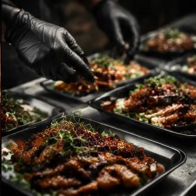 Gloved hands plating catering trays